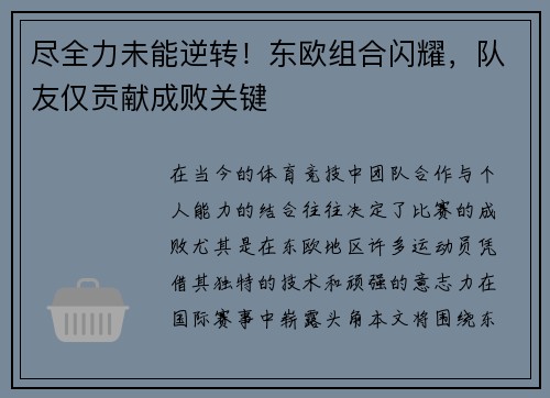 尽全力未能逆转！东欧组合闪耀，队友仅贡献成败关键