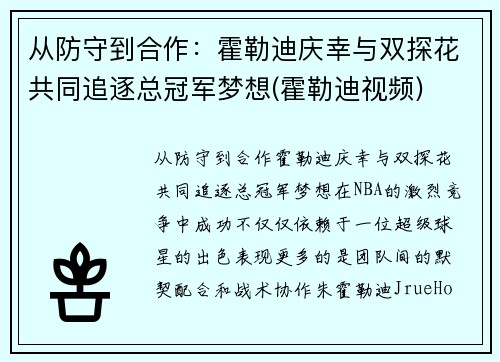 从防守到合作：霍勒迪庆幸与双探花共同追逐总冠军梦想(霍勒迪视频)