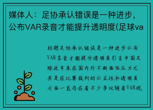 媒体人：足协承认错误是一种进步，公布VAR录音才能提升透明度(足球var回放是什么)