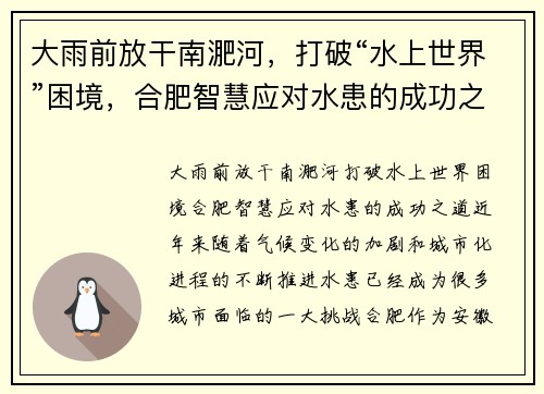 大雨前放干南淝河，打破“水上世界”困境，合肥智慧应对水患的成功之道