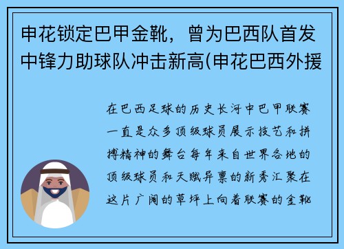 申花锁定巴甲金靴，曾为巴西队首发中锋力助球队冲击新高(申花巴西外援)